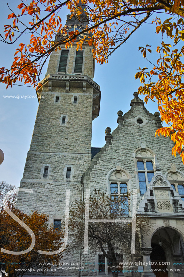 Autumn Landscape of St. Jacob church, Zurich, Switzerland