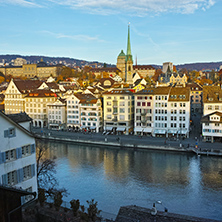 Panoramic view of city of Zurich and Limmat River, Switzerland