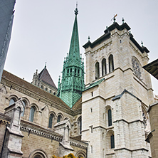 The front view of St. Pierre Cathedral in Geneva, Switzerland