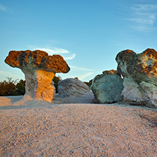 Stone Mushrooms colored in yellow from Sunrise near Beli plast village, Kardzhali Region, Bulgaria