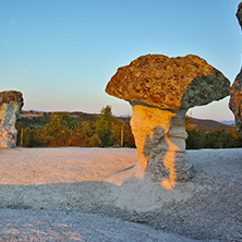 Morning landscape of rock formation The Stone Mushrooms near Beli plast village, Kardzhali Region, Bulgaria