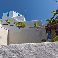 White chuch with vine in town of Parakia, Paros island, Cyclades, Greece