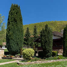 Panoramic view with Cypresses and church in  Temski monastery St. George, Pirot Region, Republic of Serbia
