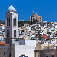 Panorama with belfry of Churches in town of Ermopoli, Syros, Cyclades Islands, Greece
