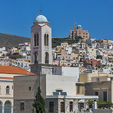Panoramic view with belfry of Churches in town of Ermopoli, Syros, Cyclades Islands, Greece