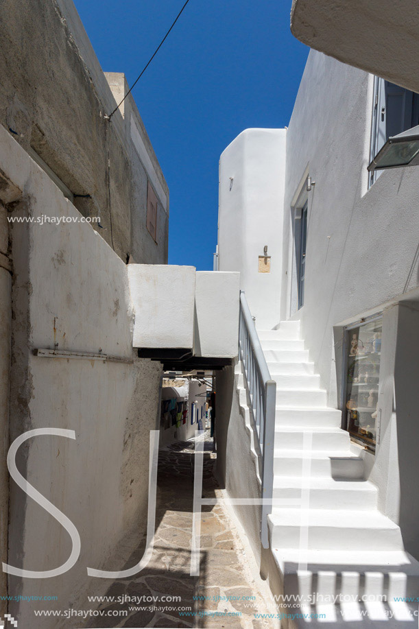 Street and white houses in Chora town, Naxos Island, Cyclades, Greece