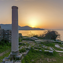 Ancient columns and sunset on Evraiokastro Archaeological Site, Thassos town, East Macedonia and Thrace, Greece
