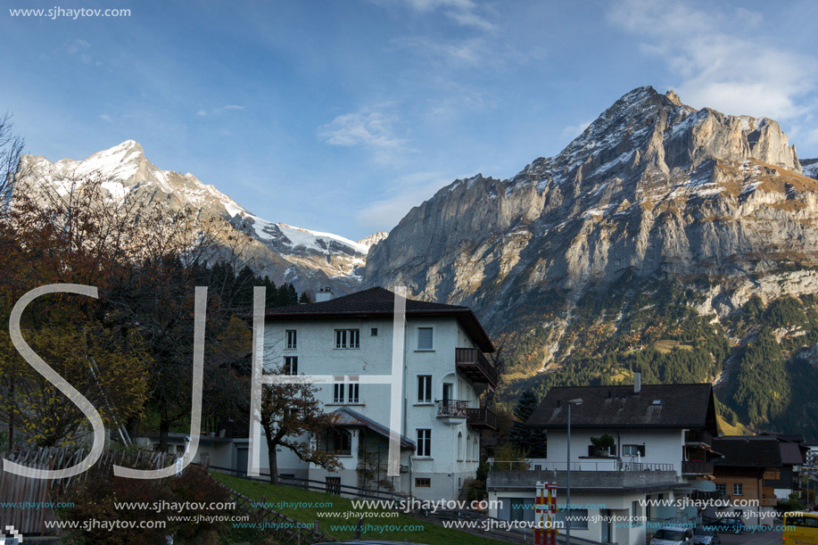 Village of Grindelwald and mount Wetterhornin Alps near town of Interlaken, Switzerland