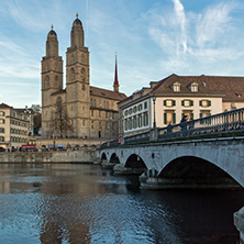 Reflection of Grossmunster church in Limmat River, City of Zurich, Switzerland
