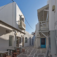 Street whit white houses in town of Mykonos, Cyclades Islands, Greece