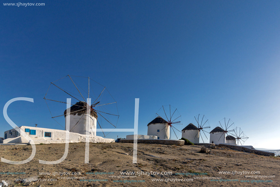 Panoramic view with White windmills on the island of Mykonos, Cyclades, Greece