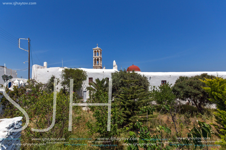 Frontal view of Panagia Tourliani monastery inTown of Ano Mera, island of Mykonos, Cyclades, Greece