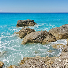 Rocks in the blue waters of Megali Petra Beach, Lefkada, Ionian Islands, Greece