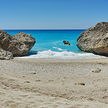Big Rock in the blue waters of Megali Petra Beach, Lefkada, Ionian Islands, Greece