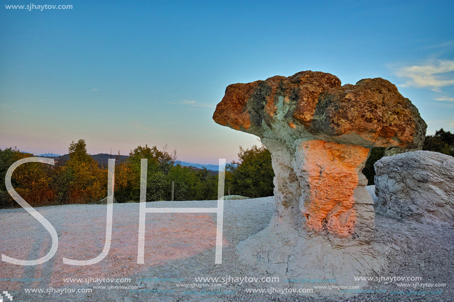 Sunrise over rock formation The Stone Mushrooms near Beli plast village, Kardzhali Region, Bulgaria