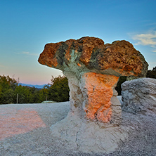 Sunrise over rock formation The Stone Mushrooms near Beli plast village, Kardzhali Region, Bulgaria