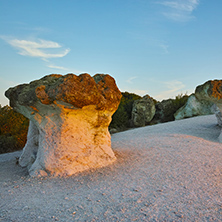 Stone Mushrooms colored in red from Sunrise near Beli plast village, Kardzhali Region, Bulgaria