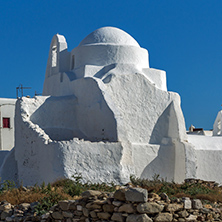 White orthodox church and blue sky in Mykonos, Cyclades Islands, Greece