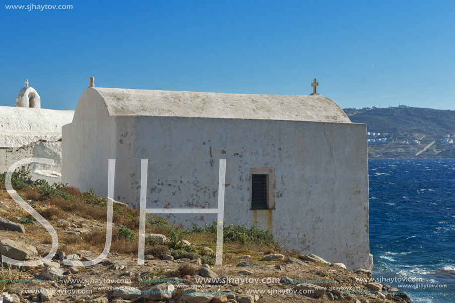 Small White orthodox church in Mykonos, Cyclades Islands, Greece