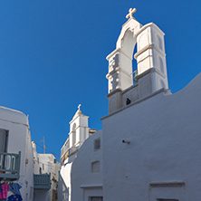 Bell tower of White orthodox church in Mykonos, Cyclades Islands, Greece