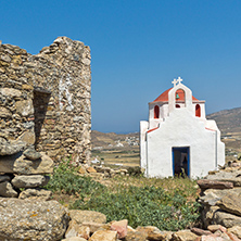 The ruins of a medieval fortress and White church, Mykonos island, Cyclades, Greece