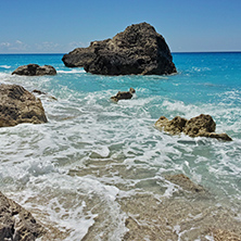 Rocks in the blue waters of Megali Petra Beach, Lefkada, Ionian Islands, Greece