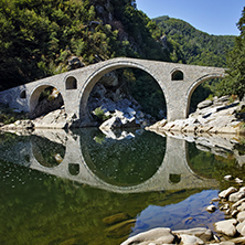 Amazing Reflection of The Devil"s Bridge in Arda river and Rhodopes mountain, Kardzhali Region, Bulgaria