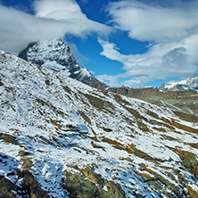 Amazing panorama of mount Matterhorn covered with clouds, Canton of Valais, Alps, Switzerland