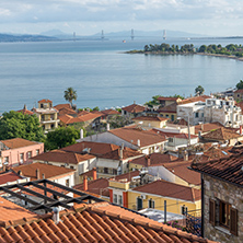 Panoramic view of Nafpaktos town and cable bridge between Rio and Antirrio, Western Greece