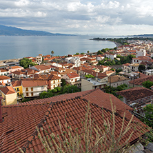 Panorama of Nafpaktos town and cable bridge between Rio and Antirrio, Western Greece