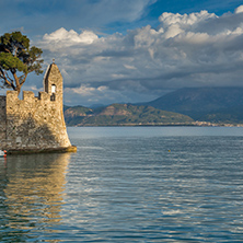 Sunset view of Fortification at the port of Nafpaktos town, Western Greece