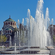 Fountain in the center of City of Pleven and St. George the Conqueror Chapel Mausoleum, Bulgaria