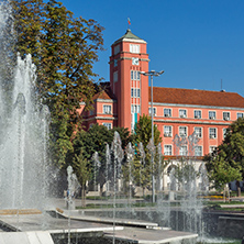 Panoramic view of Town Hall and Fountain in the center of City of Pleven, Bulgaria