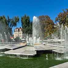 Amazing panorama of Fountain and rainbow in the center of City of Pleven, Bulgaria