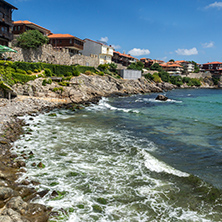 Ancient fortifications, small beach and old houses in Sozopol, Burgas Region, Bulgaria