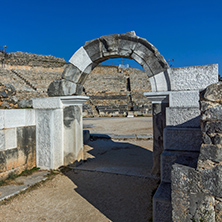 Panoramic view of Entrance of Ancient amphitheater in the archeological area of Philippi, Eastern Macedonia and Thrace, Greece