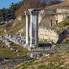 Ruins and Ancient columns in the archeological area of Philippi, Eastern Macedonia and Thrace, Greece