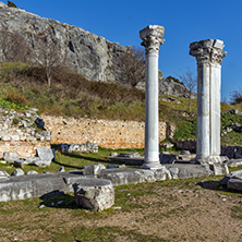 Panorama and columns in the archeological area of Philippi, Eastern Macedonia and Thrace, Greece