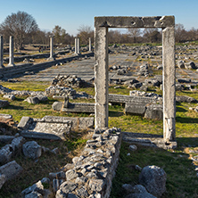 Ruins of entrance and panorama of archeological area of ancient Philippi, Eastern Macedonia and Thrace, Greece