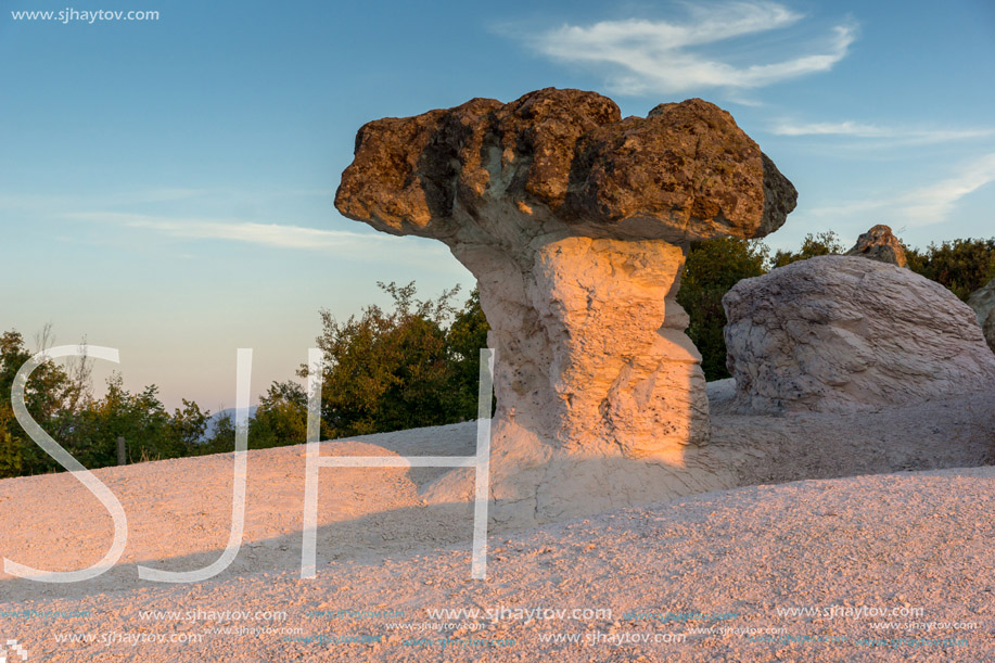 Sunrise view of rock formation The Stone Mushrooms near Beli plast village, Kardzhali Region, Bulgaria