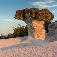 Sunrise view of rock formation The Stone Mushrooms near Beli plast village, Kardzhali Region, Bulgaria