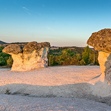 Sunrise Panorama of rock formation The Stone Mushrooms near Beli plast village, Kardzhali Region, Bulgaria