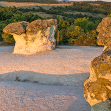 Sunrise Panorama of rock formation The Stone Mushrooms, Kardzhali Region, Bulgaria