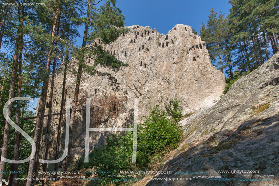 Amazing view of Thracian Sanctuary Eagle Rocks near town of Ardino, Kardzhali Region, Bulgaria