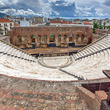 Panoramic view of Amphitheater in Roman Odeon, Patras, Peloponnese, Western Greece