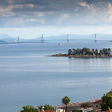 Panoramic view of Nafpaktos town and cable bridge between Rio and Antirrio, Western Greece