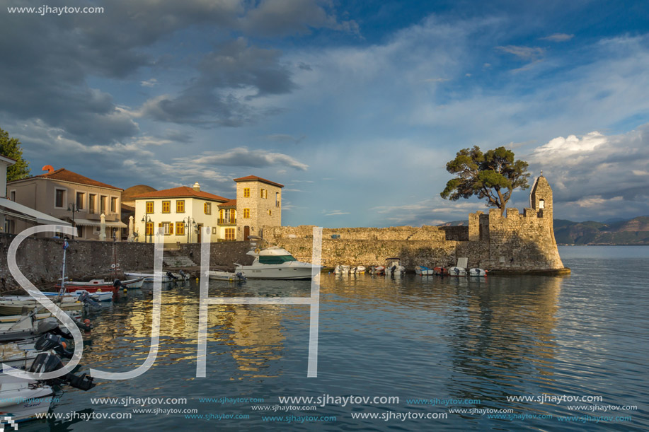 Amazing Sunset of Fortification at the port of Nafpaktos town, Western Greece