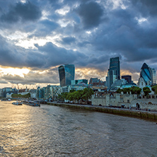 Twinlight cityscape of City of London and Thames River, England, United Kingdom