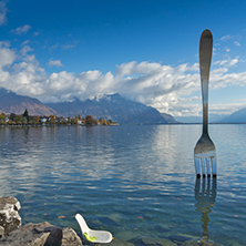 Panorama of Lake Geneva from town of Vevey, canton of Vaud, Switzerland