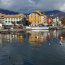 embankment of town of Vevey and Lake Geneva, canton of Vaud, Switzerland